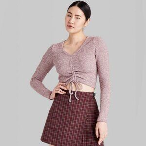 EC Wild Fable Long Sleeve V-Neck Ruched Front Fitted Sweater Knit T-Shirt